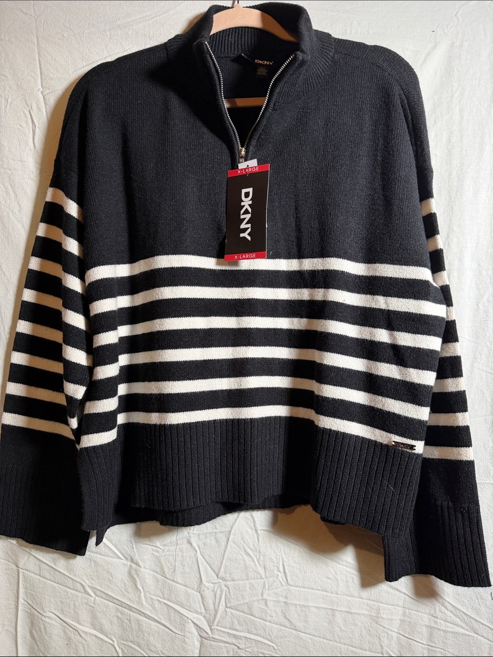 DKNY Black & White Striped Quarter-Zip Sweater